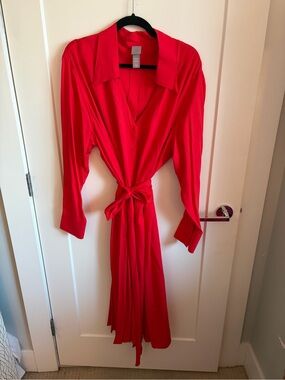 Red Long Sleeve Shirt Dress with Tie Belt